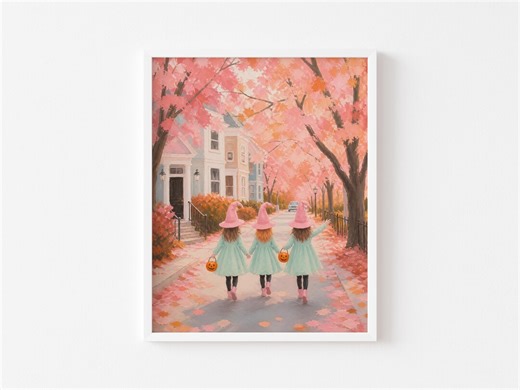 Cute Halloween Kids With Witch Hats - Pastel Autumn Wall Art, Cozy Trick-or-treat Theme, Festive Storybook Illustration, Printable 136 - Etsy