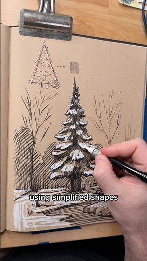 The easiest way to draw a pine tree in winter.