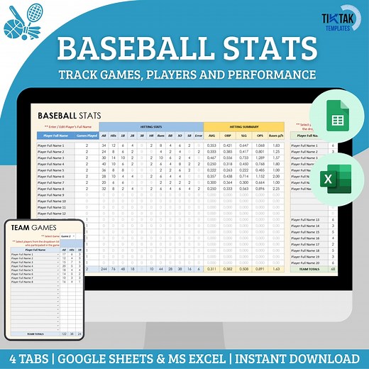 Baseball Stats Spreadsheet, Players & Team Tracker Stats, Excel Google Sheets Template, Simple Baseball Statistic, Baseball Coaches Template - Etsy