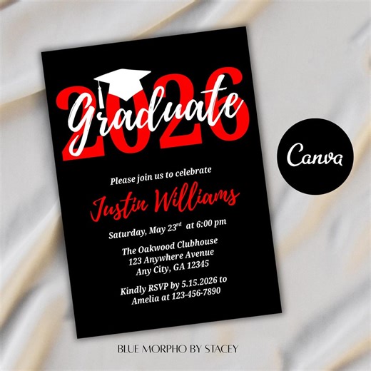 Graduation Invitation Template | Red & Black Graduation Party Invite (Canva)