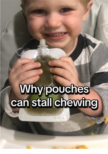 Pouches aren’t bad — but they don’t teach chewing. Sucking from a pouch uses a completely different motor pattern than chewing food: • Minimal jaw movement • Limited tongue lateralization • No resistance for muscle development Chewing is what builds: ✔️ Jaw strength ✔️ Tongue coordination ✔️ Oral endurance ✔️ Foundations for speech & airway health ✨ Pouches can be part of feeding — but they shouldn’t replace chewable textures. Save this if you’re starting solids or noticing chewing challenges.