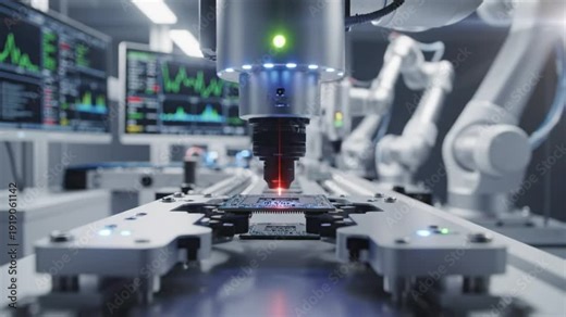 Automated Computer Chip Assembly Process with Robotic Arm and Detailed Inspection in Modern Technology Production