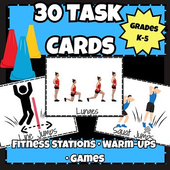 30 PE Task Cards | Exercise, Fitness Stations, Warm-Ups & Movement Games
