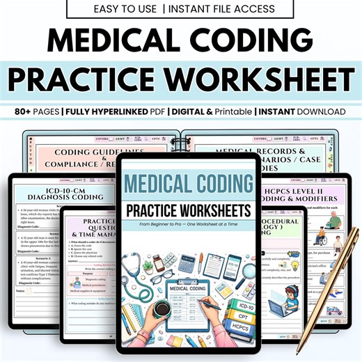 Medical Coding Worksheets Printable Pdf, Icd-10-cm CPT HCPCS Practice Questions, Quizzes & Abbreviations, 80+ Sheets - Etsy