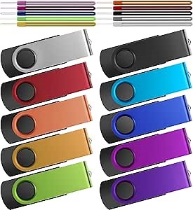 Kepmem Flash Drive 64GB Pack of 10 Thumb Drives Bulk 64 Giga USB Drives Value Metal USB 2.0 Memory Sticks Swivel Pen Drive 64 GB Portable Jump Drive Colorful Multipack Zip Drives for Data Storage