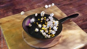 3D animation of popcorn bursting in a frying pan