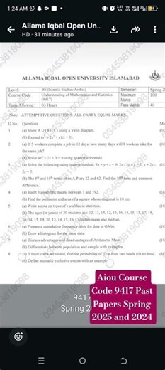 Aiou Course Code 9417 Past Papers Spring 2025 and 2024