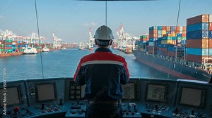 Port operator in a control room looking at container ships in a harbor. Maritime pilot navigating a cargo vessel for global shipping and logistics.