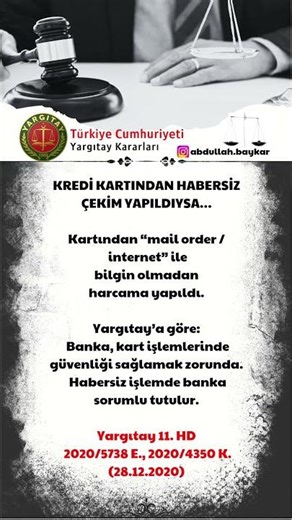 Kartından Habersiz Çekim: Banka Sorumlu! #emsalkarar #haklarınıbil #bilgiler #hukuk #yargıtay