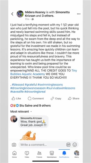 We have spent long hot summer days in the pool teaching children these live saving skills. When we get these messages of children successfully applying what they learned here, it is everything! Way to go Joseph! Tiny Bubbles Aquatic Academy #springbreak #getready #tiktok #instagram #2yearold #preschool #explorereels #swimlessons #springbreak #tiktok | Tiny Bubbles Aquatic Academy