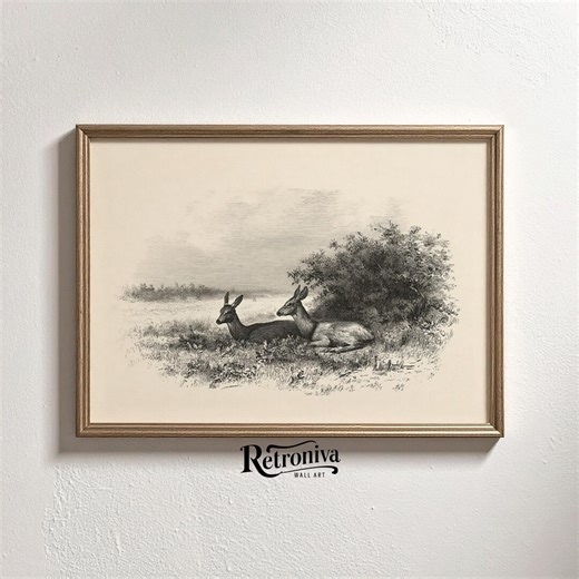 Two Deer Sketch Print Resting in Grass Pencil Drawing Rustic Wildlife Wall Art Farmhouse Nursery Print | Retroniva PRINTABLE Art SKT-074