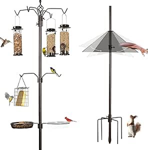 YINGYM 6-Hook Bird Feeding Station Kit, 94 Inch Heavy Duty Bird Feeder Stand Pole for Outdoors Hanging with 4 Feeders, Wide Metal Squirrel Baffle, Attracting Wild Birds