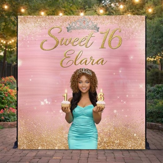 Birthday Party Backdrop Banner, Pink and Gold , Sweet 16 Custom - Etsy