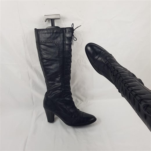 Victorian Tall Leather Lace up Boots Women, Knee High Black Heeled Boots, Y2k Shoes Women, Witchy Mod 90s Vintage Womens Boots Size 9 US - Etsy