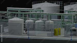 Water treatment plant, seamless 3d loop rendered animation realistic, filtration system
