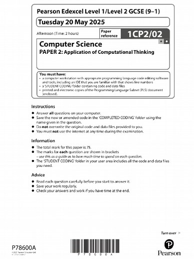 PEARSON EDEXCEL GCSE COMPUTER SCIENCE PAPER 2 QUESTION PAPER 2025 (1CP2/02: Application of Computational Thinking) #pearson #edexcel #gcse #computerscienec #edexcelcomputerscience #comuter #science #gcsecomputerscience #1CP2/02 #1CP2