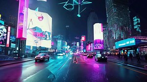 Download Futuristic dark cyberpunk city technology dystopia streets cars colorful neon AI lights glow night architecture skyscrapers background cyberspace technology simulation cyber fantasy for free