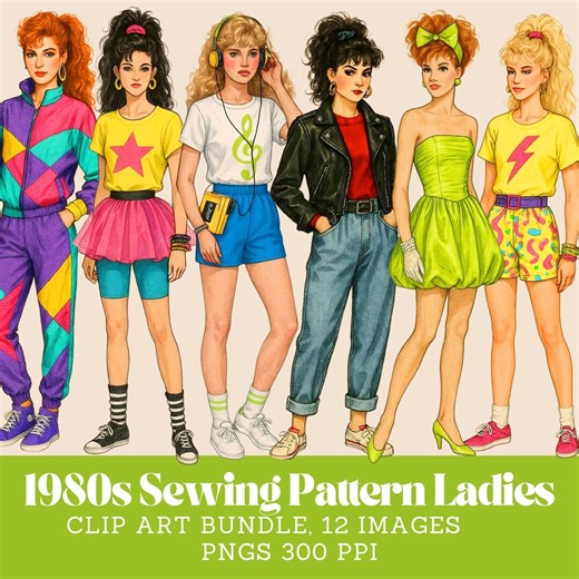1980s Fashion Clipart Bundle: Retro Sewing Pattern Graphics (PNG, JPEG) - Etsy