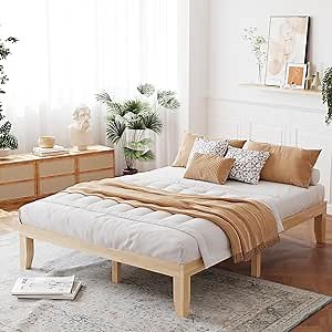 Giantex 14 Inch Queen Wood Platform Bed Frame, Minimalist Mattress Foundation with Solid Rubber Wood, Heavy Duty Slat Support, Without Headboard, Easy Assembly, No Box Spring Needed, Natural