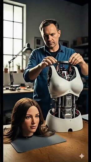 Worker completes assembly of a female humanoid robot