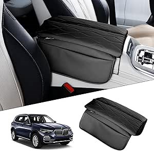 Karltys Center Console Cover for BMW X5 G05/ X7 G07 2019-2025 2026/ X6 G06 2020-2025 2026, Leather Middle Console Armrest Cover for BMW X5 Waterproof Protector with Storage Pockets (Black)