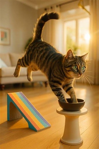 Cat Defies Gravity: Mid-Air Flip to Perfect Bowl Landing! 😱🐾 #shorts #cat