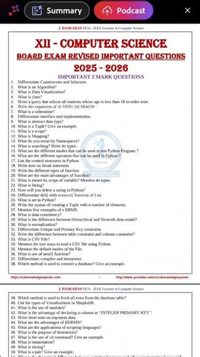 12th computer science Board Exam Revised important questions 2025-2026