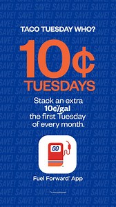 This 2025, save an extra 10¢/gal on the first Tuesday of every month using the Fuel Forward® App. You can still get a taco, though. | Conoco