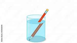 Refraction of light. Pencil in a glass cup filled with water appears twisted. Lens effect and change of angle of light. Bending light rays, pen. Physics experiment. 2D animation video