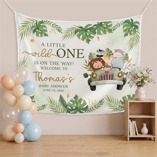Safari Baby Shower Backdrop, Personalized Jungle Theme Banner, Watercolor Animals Photo Background, Little Wild One Decoration Banner - Etsy
