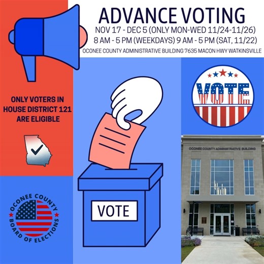 2.3K views · 14 reactions | It's Wednesday and there are NO LINES at the Oconee County Administrative Building! Come out and VOTE EARLY! We're here until 5 today! **Only voters in House District 121 are eligible to vote in this Special election.** You can check your district by visiting https://mvp.sos.ga.gov/ or calling us at the office at 706-769-3958. | Oconee County, GA Board of Elections and Registration | Facebook