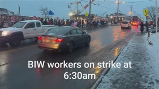 Workers picket outside Bath Iron Works as strike starts
