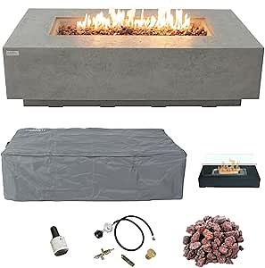 AMS Creations | Madison 60" Rectangular Natural Gas Outdoor Fire Pit Table | Light Gray Concrete GFRC | Limestone Texture or Surface | Electronic Ignition | Outside Backyard Fireplace