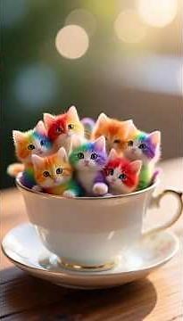 Rainbow Tiny Cats in Teacup ☕🌈🐱 | Cutest Mini Kittens Ever #ranbowcats#cute#short
