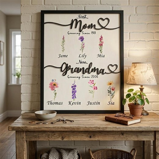 Personalized Family Tree Art - Custom Floral Design with Names & Dates for Mom and Grandma