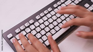 Businesswoman hands type on computer keyboard business 4K Hands touch typing pointing cloud data social network media,Businesswoman working on tablet computer,Extreme close-up human hands on keyboard