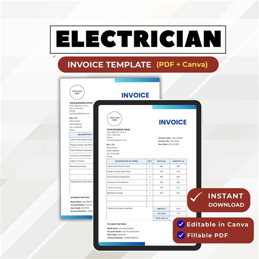 Electrician Invoice Template | Electrical Contractor Invoice | Canva & PDF (A4/US Letter) (digital Download) - Etsy Australia