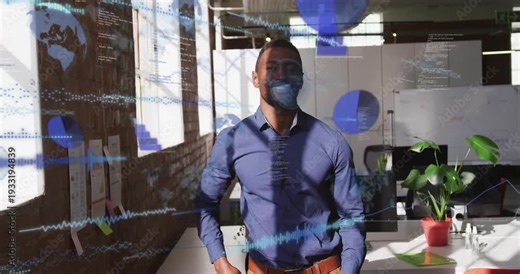 Tech pro extending arm initiating data overlays charts code obscuring torso fading while smiling