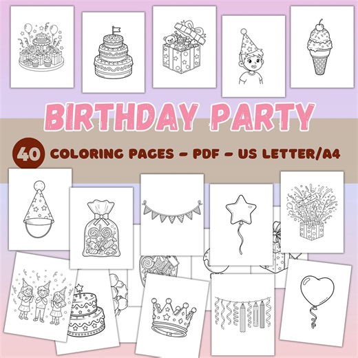 Birthday Party Coloring Pages for Kids PDF, Cute Cake Balloons Gifts Coloring Book, Printable Birthday Activity US Letter A4 - Etsy