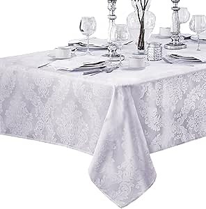 Newbridge Barcelona Luxury Damask Fabric Tablecloth, 70” Extra Wide x 90” Rectangle, White, 100% Polyester, No Iron, Soil Resistant Dining Room, Party and Banquet Table Cover