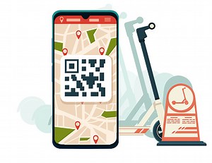 Electric scooter rental app on smartphone with map and qr code vector...