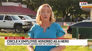 The woman who saved the life of her co-worker, who had been set on fire at an Escambia County Circle K, was awarded a medal from the Escambia County Sheriff's Office Thursday. Olivia Iverson was there to see the honor bestowed. -- weartv.com/news/local/watch-live-escambia-county-circle-k-employee-honored-for-helping-co-worker | WEAR ABC 3 News, Pensacola
