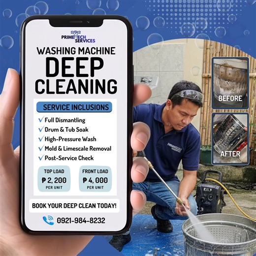 Your appliances deserve more than just a surface wipe. Hindi sapat ang punas-punas lang sa labas. Over time, mold, lint, and bacteria build up inside your washing machine—affecting both your health and your electricity bill. At PrimeTech, our certified technicians perform a full dismantle to reach the parts you can’t see. We don’t just clean; we restore your unit to peak performance.✨ Invest in professional maintenance. Invest in PrimeTech.💯 ✅ Service Inclusion: • Full Dismantling – Baklas kung