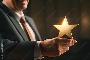 Fifth Star in Businessman's Hand, Get the Fifth Star Concept, Hotel Rating, Restaurant Evaluation, Quality Level, Good Service, Generative AI Illustration