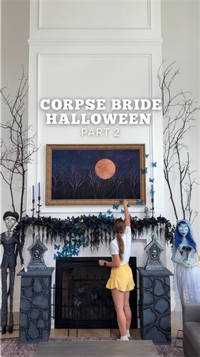 Emily Haufler | DIY & Home Design on Instagram: "#Lowespartner Corpse bride living room reveal!! 😍 The Emily & Victor animatronics from @loweshomeimprovement 2025 Halloween collection were literally the perfect additions & they had everything I needed for the DIY cemetery pillars! You can shop the supplies through the link in my bio 🙌🏼 But can you guess the next movie? 🤫"