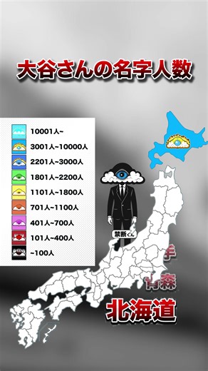 大谷さんの名字人数 都道府県別MAP | No159 ⭐️コメントで皆様の考察を募集しています！ 当チャンネルではコメント欄で鋭い考察がたくさんあります。 ぜひ、コメント欄をご覧ください！各都道府県の地元の方の生の声が集まります！ また、今後の活動のためご登録いただけると嬉しいです！ 「1日1つ賢くなる」禁断エリアMAP フォローすることのメリット👌 ・会社の上司や同僚とのちょうどいい感の話の話題に！ ・友達や恋人と話の話題に尽きた時用に！ ・家族や親戚集まりでの地元話題に！ 【大谷さんの総括】 東京・大阪・神奈川など人口の多い大都市圏で「大谷」姓が多く、人口規模との相関が強い傾向が見られる。一方、山陰や北陸など地方でも一定数が確認され、全国に広く分布する姓であることがうかがえる。 【スコア区分基準（大谷さん）】 スコア9：10001人~ スコア8：3001人~10000人 スコア7：2201人~3000人 スコア6：1801人~2200人 スコア5：1101人~1800人 スコア4：701人~1100人 スコア3：401人~700人 スコア2：101人~400人 スコア1：~100