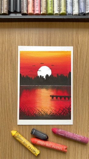 Easy Sunset Reflection Scenery Drawing with Oil Pastels Art Tutorial #art #oilpastel