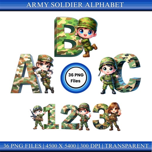 Army Soldier Alphabet & Numbers A-Z and 0-9 | Military Letters for Kids Army Birthday Sublimation - Etsy