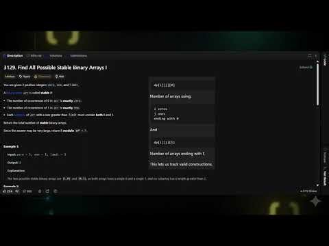 LeetCode 3129 Explained | Find All Possible Stable Binary Arrays I | Python