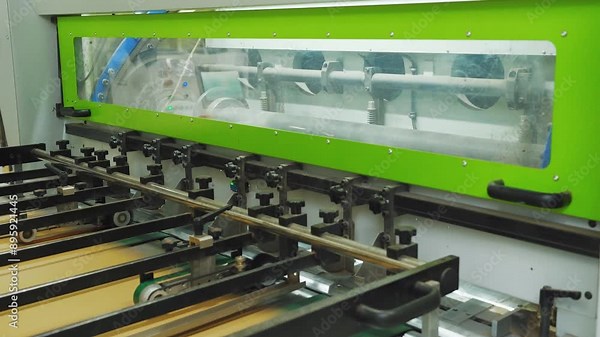 Reuse paper packaging. Solving environmental problems. Pattern of working machine in factory for the production of corrugated cardboard from waste paper. Corrugated cardboard made from recycled paper